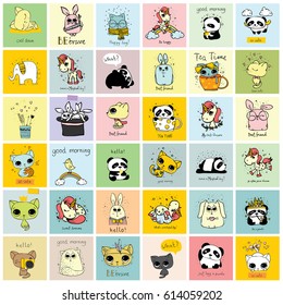 Big set of vector kid's cards with simple design of cute animals. Perfect for kid's banners, stickers and other kid's things.