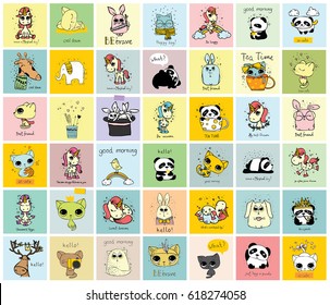 Big set of vector kid's cards with simple design of cute animals. Perfect for kid's banners, stickers and other kid's things.