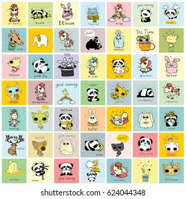 Big set of vector kid's cards with simple design of cute animals. Perfect for kid's banners, stickers and other kid's things.