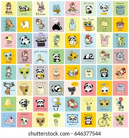 Big set of vector kid's cards with simple design of cute animals. Perfect for kid's banners, stickers and other kid's things.