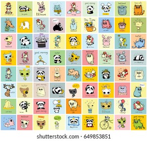 Big set of vector kid's cards with simple design of cute animals. Perfect for kid's banners, stickers and other kid's things.