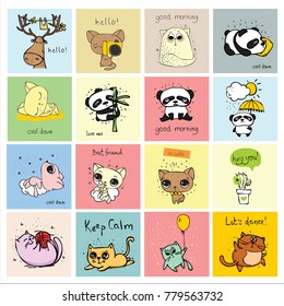 Big set of vector kid's cards with simple design of cute animals. Perfect for kid's banners, stickers and other kid's things.