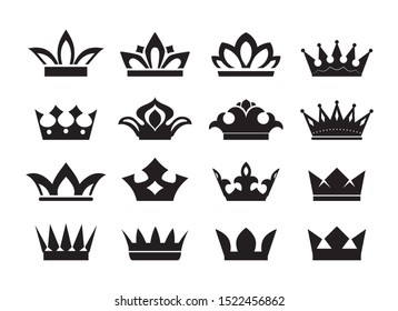 Big Set of vector king crowns icon on black background. Vector Illustration. Emblem and Toyal symbols.