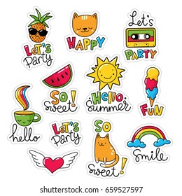 Big set of vector labels, stickers, patches with lettering, food and summer elements. 