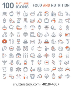 Big set vector line icons meal, seafood, fruit, vegetables and fast food in flat design with elements for mobile concepts and web. Collection modern infographic logo and pictogram.