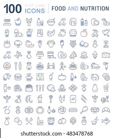 Big set vector line icons meal, seafood, fruit, vegetables and fast food in flat design with elements for mobile concepts and web. Collection modern infographic logo and pictogram.