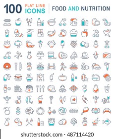 Big set vector line icons meal, seafood, fruit, vegetables and fast food in flat design with elements for mobile concepts and web. Collection modern infographic logo and pictogram.