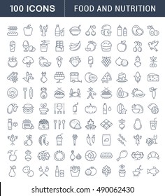 Big set vector line icons meal, seafood, fruit, vegetables and fast food in flat design with elements for mobile concepts and web. Collection modern infographic logo and pictogram.