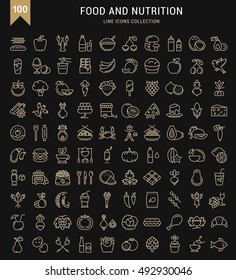 Big set vector line icons meal, seafood, fruit, vegetables and fast food in flat design with elements for mobile concepts and web. Collection modern infographic logo and pictogram.