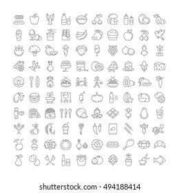 Big set vector line icons meal, seafood, fruit, vegetables and fast food in flat design with elements for mobile concepts and web. Collection modern infographic logo and pictogram.