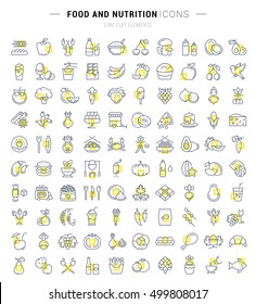 Big set vector line icons meal, seafood, fruit, vegetables and fast food in flat design with elements for mobile concepts and web. Collection modern infographic logo and pictogram.