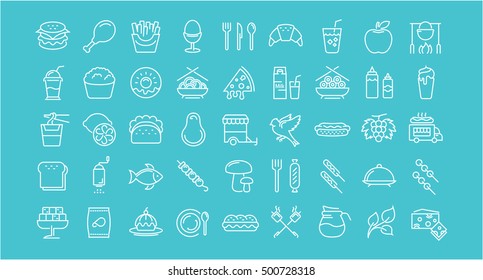 Grande conjunto de ícones de linha vetorial refeição, frutos do mar, frutas, legumes e fast food em design plano com elementos para conceitos móveis e web. Coleção moderna logotipo infográfico e pictograma.