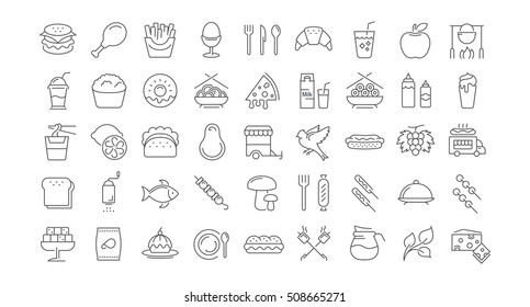 Big set vector line icons meal, seafood, fruit, vegetables and fast food in flat design with elements for mobile concepts and web. Collection modern infographic logo and pictogram.