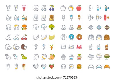 Big set vector line icons meal, seafood, fruit, vegetables and fast food in flat design with elements for mobile concepts and web. Collection modern infographic logo and pictogram.
