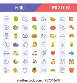 Big set vector line icons meal, seafood, fruit, vegetables and fast food in flat design with elements for mobile concepts and web. Collection modern infographic logo and pictogram.