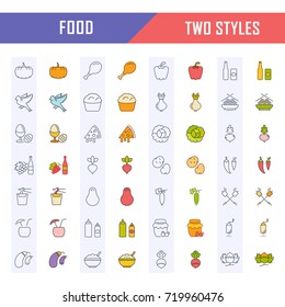 Big set vector line icons meal, seafood, fruit, vegetables and fast food in flat design with elements for mobile concepts and web. Collection modern infographic logo and pictogram.