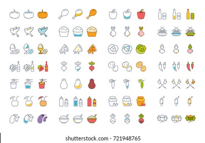Big set vector line icons meal, seafood, fruit, vegetables and fast food in flat design with elements for mobile concepts and web. Collection modern infographic logo and pictogram.