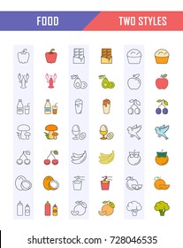 Big set vector line icons meal, seafood, fruit, vegetables and fast food in flat design with elements for mobile concepts and web. Collection modern infographic logo and pictogram.