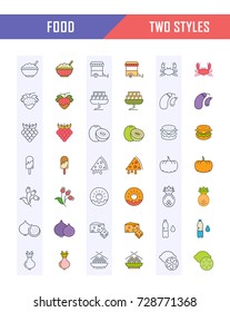 Big set vector line icons meal, seafood, fruit, vegetables and fast food in flat design with elements for mobile concepts and web. Collection modern infographic logo and pictogram.