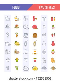 Big set vector line icons meal, seafood, fruit, vegetables and fast food in flat design with elements for mobile concepts and web. Collection modern infographic logo and pictogram.