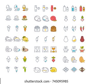 Big set vector line icons meal, seafood, fruit, vegetables and fast food in flat design with elements for mobile concepts and web. Collection modern infographic logo and pictogram.