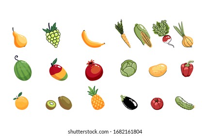 Gran conjunto de objetos vectoriales de frutas y verduras vectoriales extraídas a mano aisladas en fondo blanco. Alimentos veganos saludables. Dibujo plano de caricatura. 