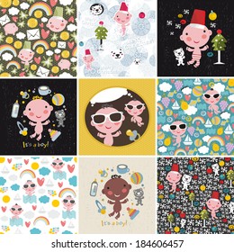 Big set of vector patterns with cute little baby. Vector illustration.