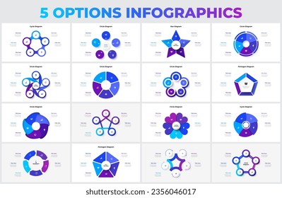 Gran conjunto de pentagones vectoriales, círculos, flechas y elementos abstractos para infografía de ciclo con 5 opciones