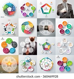 Big set of vector pentagons, circles and other elements for infographic. Template for cycle diagram, graph. Business concept with 5 options, parts, steps. Blur vector background.