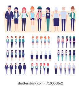 Big Set Of Vector People. Front, Side, Back View Animated Characters. 