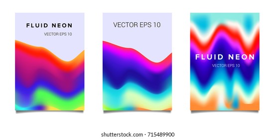 Big set of vector posters with fluid holographic neon stains in retrowave/ vaporwave nostalgic style. 