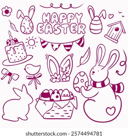 Big set of vector purple doodle elements for Easter: bunny with egg, Easter cake, lettering, basket with eggs, bunny ears with flowers, eggs with ears, birdhouse, lollipop in the form of a bird