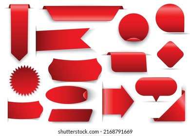 Gran conjunto de colores vectoriales rojos de pancartas en forma de burbuja de voz, etiquetas de precios, pegatinas, afiches, insignias. Aislado sobre fondo blanco con sombra