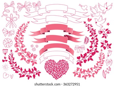 Big set vector ribbons, bows, wreaths, flowers. Wedding. Valentines day