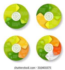 Big set of vector round infographic diagrams. Circular connected charts with options. Paper progress steps for tutorial. Business concept sequence banners. EPS10 workflow layout collection.