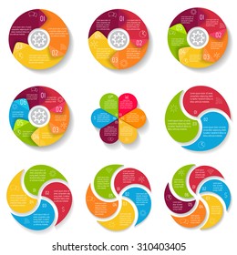 Big set of vector round infographic diagrams. Circular connected charts with options. Paper progress steps for tutorial. Business concept sequence banners. EPS10 workflow layout collection.