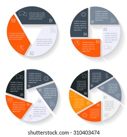 Big set of vector round infographic diagrams. Circular connected charts with options. Paper progress steps for tutorial. Business concept sequence banners. EPS10 workflow layout collection.