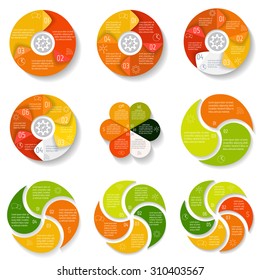 Big set of vector round infographic diagrams. Circular connected charts with options. Paper progress steps for tutorial. Business concept sequence banners. EPS10 workflow layout collection.