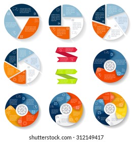 Big set of vector round infographics diagrams. Circular connected charts with options. Paper progress steps for tutorial. Business concept sequence banners. EPS10 workflow layout collection.