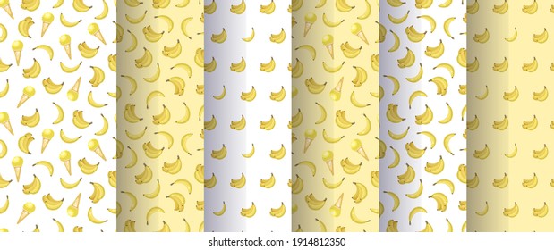 Big set of vector seamless fruit kids background. Abstract geometric pattern with bananas and yellow ice cream in waffle cone. Textile fabric print.