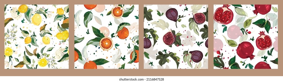  Big set vector seamless pattern with Garnet, lemon, orange and figs branch. green leaves, fruit, flowers 