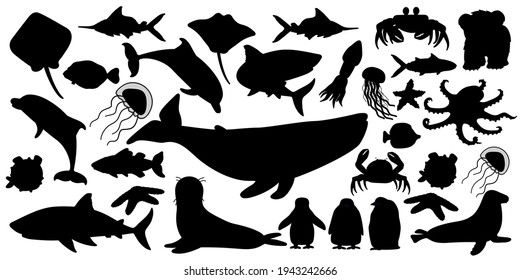 Big set of vector silhouette cartoon isolated sea ocean north animals. Whale, dolphin, shark, stingray, jellyfish, fish, stars, crab, king Penguin chick, octopus, fur seal, polar bear cub on white