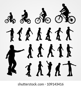 Big set vector silhouette of roller skating and bicyclist