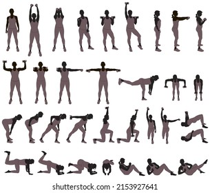 Big set of vector silhouette of sportive girl  in costume working out with dumbbells. Icons of woman doing fitness exercises with weights for muscles of arms and legs. Fintess illustration.