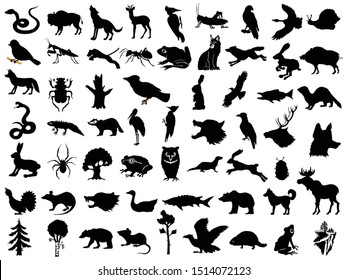 Big set of vector silhouettes of animals, plants and landscapes. Motives of wildlife, nature, saving environment, forest, hunting, rest, woods of Europe and North America