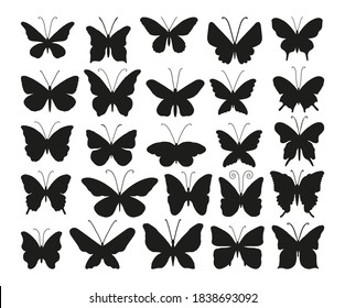 Big set of vector silhouettes of butterflies. Black silhouettes of insects with large wings. Templates and stencils for design, luxury beauty studio logo, logo make-up, branding, makeup artist or