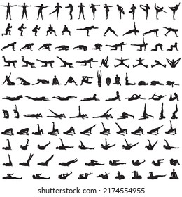 Big set of vector silhouettes of girl practicing yoga and fitness. Shapes of slim woman doing exercises and stretching in different poses isolated on white background. Healthy lifestyle consept.