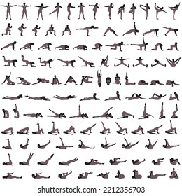 Big set of vector silhouettes of girl doing yoga and fitness exercises. Shapes of slim woman in sportive costume practicing and stretching in different poses isolated on white background. 