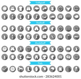 Big set of vector silhouettes and icons of equipment, clothes and players of football, volleyball, basketball, and polo. Symbols of people, animals, vehicles - sports equipment.