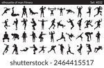 Big set of vector silhouettes of man fitness, bodybuilding, exercising, sport and yoga workout isolated on white background, icon of practicing exercises in different positions